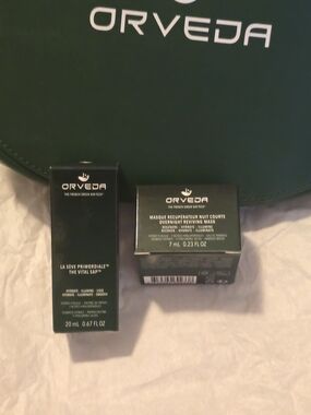 Brand new Orveda luxury cosmetic bag with deluxe skincare samples. Never used.